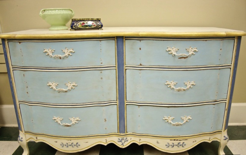 French Provincial Dresser painted with Blue Jeans, Limoges and Tea Cup and finished with Dark Wax.